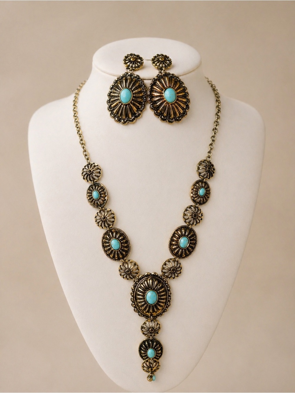 Boutique Western Turquoise Statement Necklace Set Earrings GoldSouthwestern
